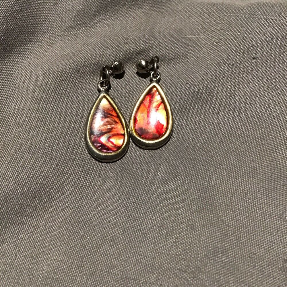 Iridescent Ammolite Earrings Red/Orange Color Changers, Teardrop Shape Boho Chic - Picture 8 of 8